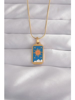 Renas Store 316L Çelik Gold Renk Mavi Mineli Güneş Model Tarot Kolye