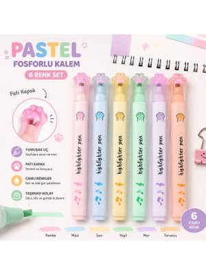 PeriMila Sevimli Pati Kapaklı Pastel Fosforlu Kalem Seti 6 Renk Işaretleme Kalemi