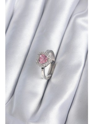 Renas Store Pirinç Gümüş Renk Pembe Zirkon Taşlı Charm Model Kadın Yüzük