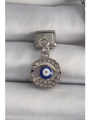 Renas Store 316L Çelik Gümüş Renk Sallantı Zirkon Taşlı Göz Model Nazar Boncuk Detay Nomination Charm