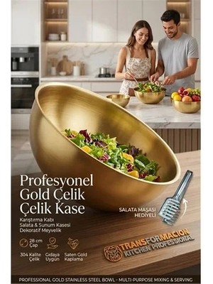 Renas Store Gold Çelik Profesyonel Kase 28 cm - Çok Amaçlı Karıştırma Kabı, Salata & Sunum Kasesi, Dekoratif Me