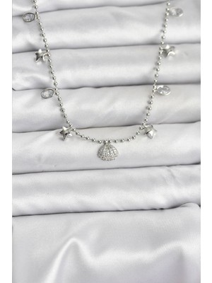 Renas Store Pirinç Gümüş Renk Zirkon Taşlı Deniz Kabuğu Model Kadın Kolye