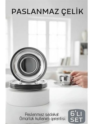 Renas Store Paslanmaz Çelik Çay Tabağı Seti - Premium 304 Kalite  6 Parça Lüks Aynalı Parlaklık ve Modern Tasar