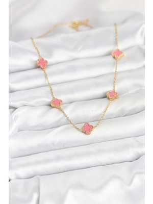 Renas Store 316L Çelik Zincir Gold Renk Pembe Baby Boy Yonca Kadın Kolye