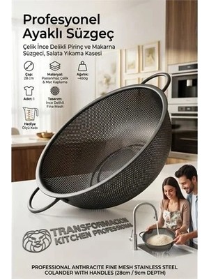 Renas Store Profesyonel Ayaklı Süzgeç 28 cm - Paslanmaz Çelik Ince Delikli Pirinç ve Makarna Süzgeci, Salata Yı