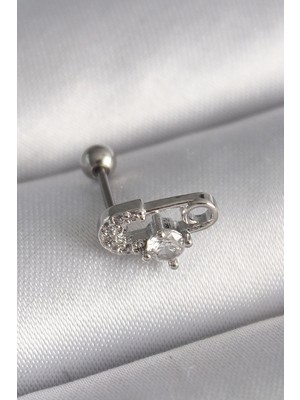 Renas Store 316L Çelik Gümüş Renk Zirkon Taşlı Toplu Iğne Tragus Piercing