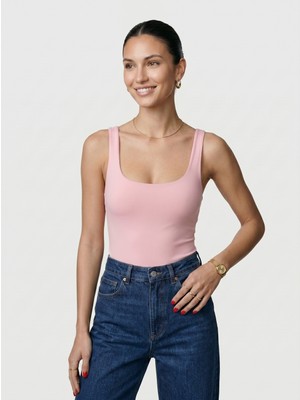 Noe Collection Kadın Kare Yaka Kalın Askılı Slim Fit Bodysuit Çıtçıtlı Body
