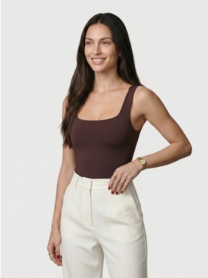 Noe Collection Kadın Kare Yaka Kalın Askılı Slim Fit Bodysuit Çıtçıtlı Body