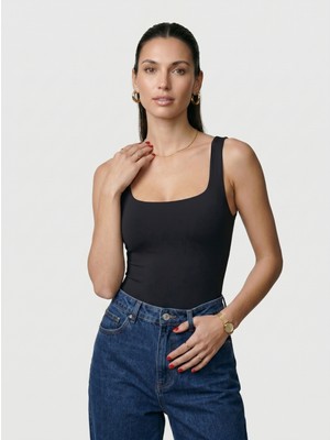 Noe Collection Kadın Kare Yaka Kalın Askılı Slim Fit Bodysuit Çıtçıtlı Body