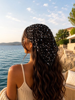 Aydın Şapkacınız Kadın Pullu Saç Filesi Örgü Bandana  Şık Yazlık Plaj Bandanası Festival ve Tatil Aksesuarı