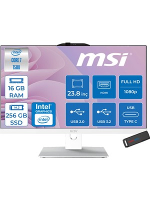MSI Msı Modern AM242P Intel Core 7 150U Upto 5.4ghz 16GB Ddr5 256GB SSD 23.8" Fhd (1920X1080) IPS Freedos Beyaz Allınone Bilgisayar W2288NEUF01+ZETTAUSBBELLEK