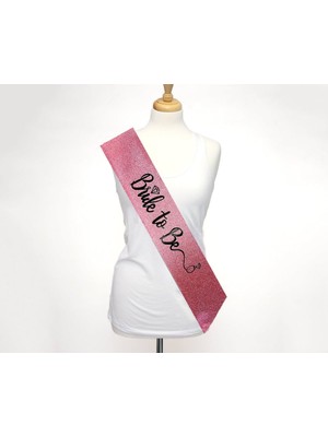 Pembe Üzeri Siyah Italik Alyanslı Bride To Be Yazılı Simli Işıltılı Kuşak Kemer 10X80 cm