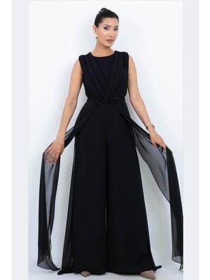 Zishan Fashion Prestij Seri Siyah Geniş Paça Pileli Taşlı Kemer Abiye Tulum Büyük Beden 56005