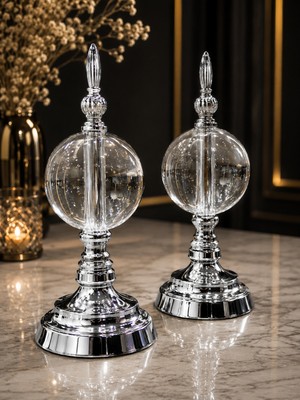 Sleep Nova Silver Crystal Cam Küre Dekoratif Obje Seti – Gümüş Metal Modern Salon & Ofis Aksesuarı (2'li)