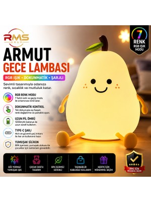 Rms Grup Şarjlı Rgb Armut Gece Lambası Dokunmatik Silikon Çocuk ve Bebek Odası Lambası Type-C