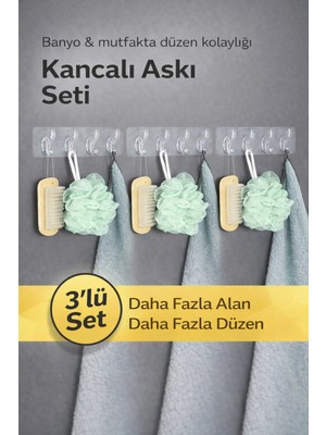 Yenilig 3’lü Kendinden Yapışkanlı Kancalı Askı Seti | Delmeden Montaj & Güçlü Tutucu Organizer Şeffaf