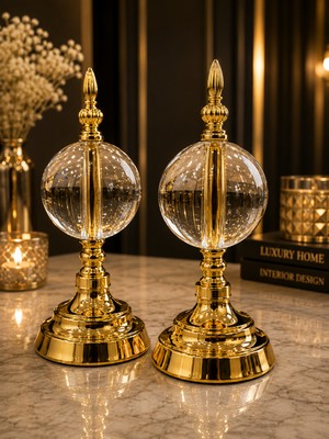 Sleep Nova Gold Crystal Cam Küre Dekoratif Obje Seti – Altın Metal Modern Salon & Ofis Aksesuarı (2'li)