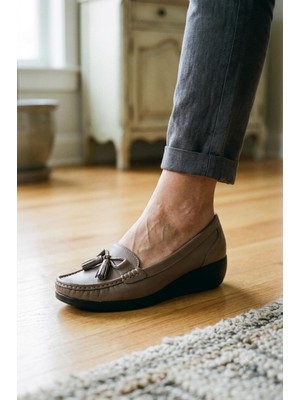 Shoemix Hakiki Deri Kadın Vizon Topuk Dikeni Destekli Comfort Dolgu Taban Loafer Ayakkabı