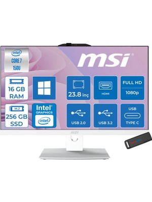 MSI Msı Modern AM242P Intel Core 7 150U Upto 5.4ghz 16GB Ddr5 256GB SSD 23.8" Fhd (1920X1080) IPS WIN11PRO Beyaz Allınone Bilgisayar W2288NEUP01+ZETTAUSBBELLEK