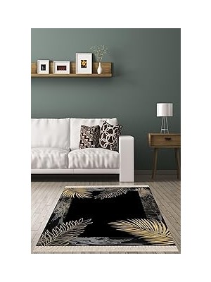 Belirtilmemiş Pelangi Gold Yaprak Desenli Dijital Baskı Yıkanabilir Kaymaz Taban Salon Halısı Yolluk, Siyah-Sa