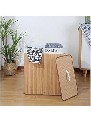 Belirtilmemiş Bambu Katlanabilir Kirli Çamaşır Sepeti, Kapaklı, Yıkanabilir Astar 32X52X60 Siyah-Beyaz Kirli-Temi