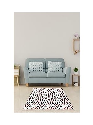 Belirtilmemiş Pelangi Geometrik Zigzag Desenli Dijital Baskı Yıkanabilir Kaymaz Taban Klasik Salon Halısı, Bordo