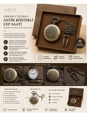 Mersi Shop Osmanlı Tuğralı Antik Köstekli Cep Saati | Zincirli Vintage Nostaljik Saat 4,5 cm