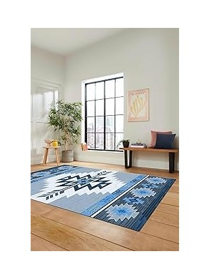 Belirtilmemiş Etnik Desenli Dijital Baskılı Kaymaz Taban Yıkanabilir Yolluk Mutfak Salon Halısı Etni̇k-05, Mavi, 1