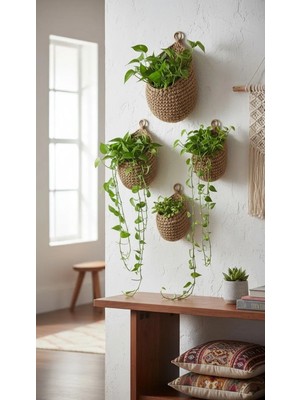 Jüt Home Jüt Hasır Saksı / Duvar Sepeti Ahşap Saplı 4'lü Set
