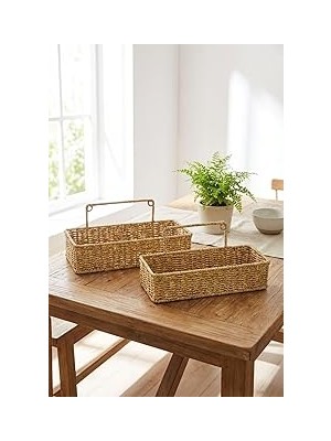 Belirtilmemiş 2'li Duvar Askılı Plastik Rattan Organizer Sepeti, Dikdörtgen Hasır Görünümlü Banyo Mutf
