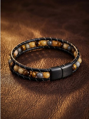 Parmas Design Yemen Akik Deri Kordon ve Çelik Bileklik 6mm Erkek Hediyesi 01802