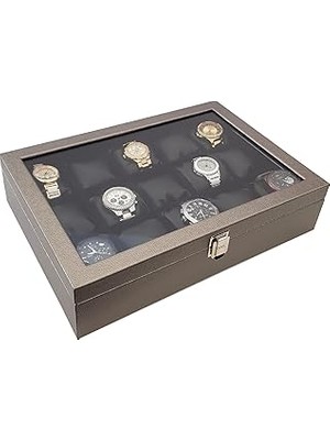 Belirtilmemiş Chavin 15 Li Diamond Gri Deri Ahşap Camlı Saat Kutusu ST15-59