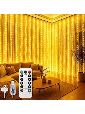 Belirtilmemiş 8 Mod Perde Ledi 300 LED 3X3M 10 Sarkıt LED Yılbaşı Oda Dekoru Kumandalı Peri Perde LED
