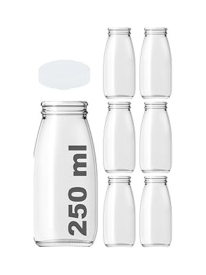 Belirtilmemiş Afracam 250 ml Şeffaf Süt, Ayran, Limonata, Meşrubat Şişesi 250 cc Plastik Kapaklı Boş Cam Şişe 6 A