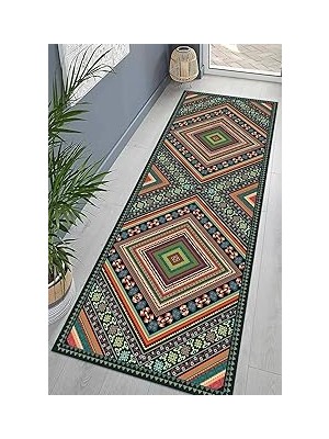 Belirtilmemiş Pelangi Kilim Desenli Dijital Baskı Yıkanabilir Kaymaz Taban Etnik Salon Halısı Yolluk, Yeşil 10