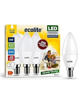 Belirtilmemiş Ecolite 8 W LED Mum Ampul – E14 Duy, 810 Lümen, 3000K Sarı Işık, 60W Eşdeğer, 3’lü Paket, Opal Deko