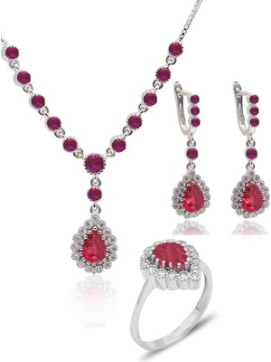 Midyat Nurtaş Gümüş Yakut Taşlı Damla Model 925 Ayar Gümüş Kadın Üçlü Set 201025668