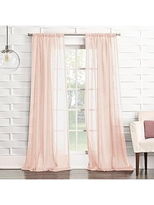 Belirtilmemiş No. 918 Tayla Ezilmiş Doku Yarı Şeffaf Çubuk Cep Perde Paneli, 127 cm x 213 Cm, Pembe
