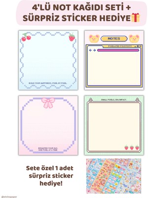 Mikasso 4'lü Not Kağıdı Seti + Sticker, 9×9 Boyut, Memopad, To Do List, Bloknot, Planlayıcı, Notepad Küp Not