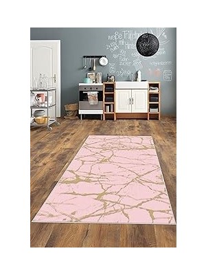 Belirtilmemiş Pelangi Pembe Gold Desenli Yıkanabilir Kaymaz Taban Tutmaz Salon Halısı Yolluk, Pemb