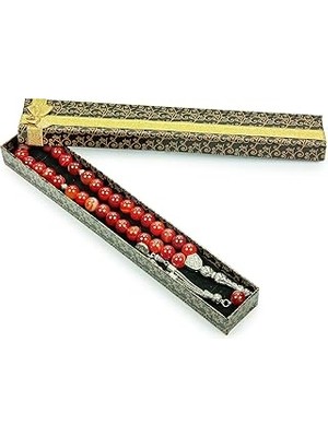 Belirtilmemiş Metal Osmanlı Tuğrası Püsküllü Kırmızı Akik Doğaltaş Hediyelik Tesbih - 33LÜ - Küre Kesim