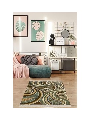 Belirtilmemiş Pelangi Osmanlı Şal Desen Dijital Baskı Yıkanabilir Salon Halısı Yolluk, Yeşil 130 x 180