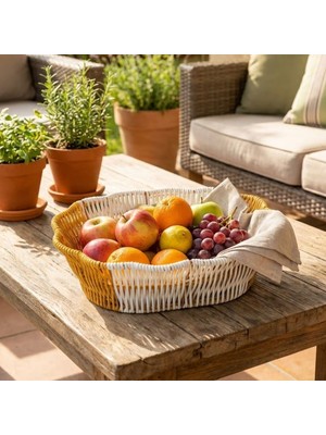 Renas Store Oval Çift Renkli Plastik Rattan Ekmek ve Meyve Sepeti - Çok Amaçlı Banyo ve Mutfak Düzenleyici - Yı