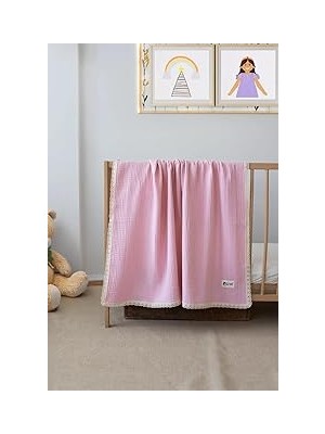 Belirtilmemiş Sallhomee Pamuklu 4 Katlı Müslin Dantelli Bebek Battaniyesi, Pembe, Antibakteriyel, Düz Desen
