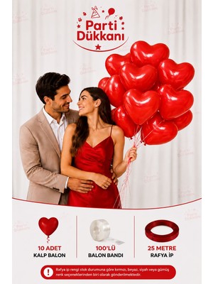 Parti Dükkanı 10 Adet Kırmızı Kalp Balon Seti Helyum Uyumlu – 100’LÜ Balon Bandı ve 25 Metre Rafya Ip Dahil Sevgililer Günü, Evlilik Teklifi, Yıldönümü ve Doğum Günü Süsleme Seti
