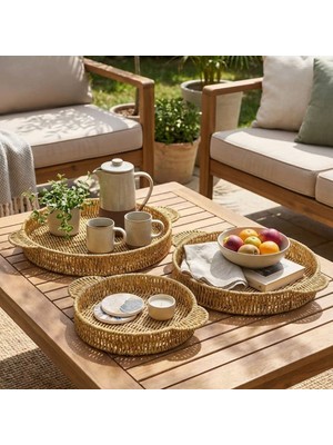 Renas Store Iç Içe Geçebilen 3’lü Yuvarlak Plastik Rattan Tepsi Seti–hasır Görünümlü Çok Amaçlı Servis ve Sunum