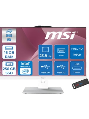 MSI Msı Modern AM242P Intel Core 5 120U Upto 5.0ghz 16GB Ddr5 256GB SSD 23.8" Fhd (1920X1080) IPS Freedos Beyaz Allınone Bilgisayar W2089XEUF01+ZETTAUSBBELLEK