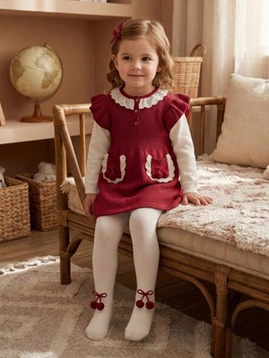 Bes Trend Kız Bebek Bordo Triko Elbise Külotlu Çorap Takımı Dantel Yaka Fırfır Kollu Özel Gün Elbise 6-24 Ay