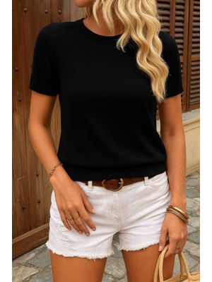 Veraura Lifestyle Kadın Kısa Kollu Bisiklet Yaka Triko Bluz