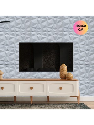 Bella Carpeti 3D Kabartmalı Büyük Boy Yeni Nesil 3D Pvc Duvar Paneli Elmas Model Beyaz Renk 120X60CM